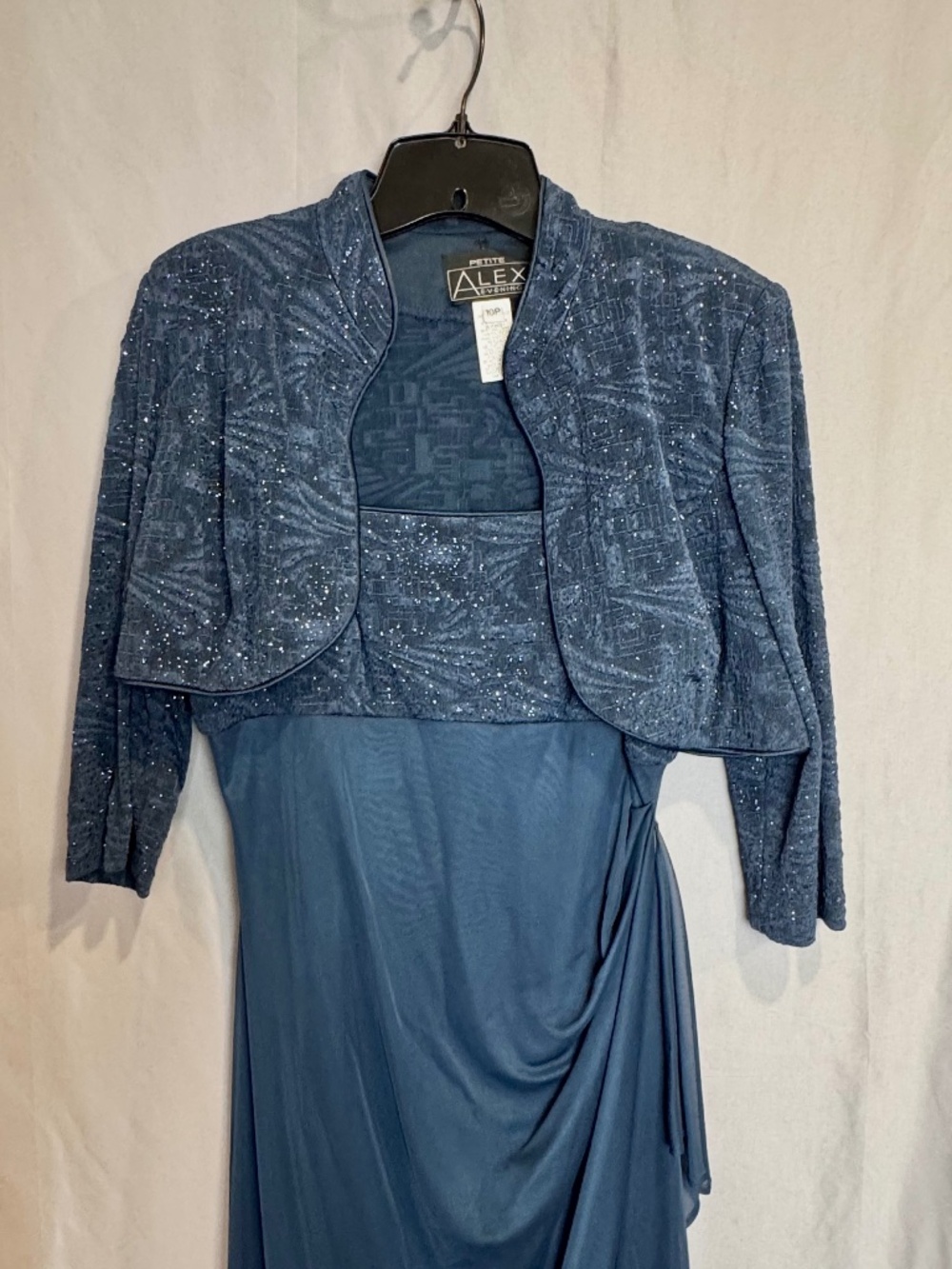 ALEX EVENINGS 2-Piece Formal Gown & Bolero Jacket Set Slate Blue Glitter 10P